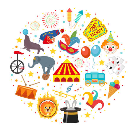 Circus icon set in round shape flat, cartoon style. Collection of elements with elephant, lion, Sealion, gun, clown, tickets. Isolated on white background. Vector illustration clip artのイラスト素材