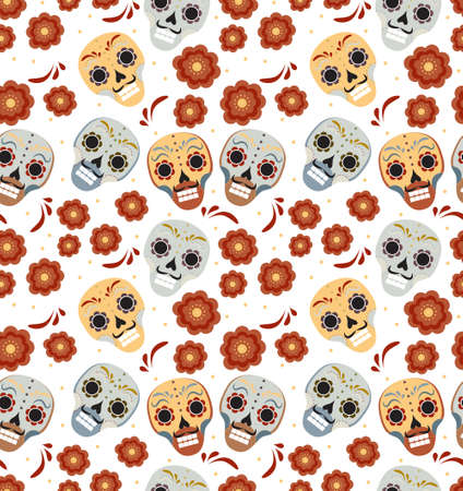 Day of the dead holiday in Mexico seamless pattern with sugar skulls. Skeleton endless background. Dia de Muertos repeating texture. Vector illustrationのイラスト素材