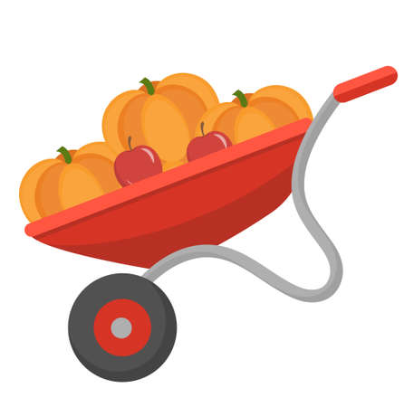 Wheelbarrow with pumpkins, icon flat style. Isolated on white background. Vector illustrationのイラスト素材