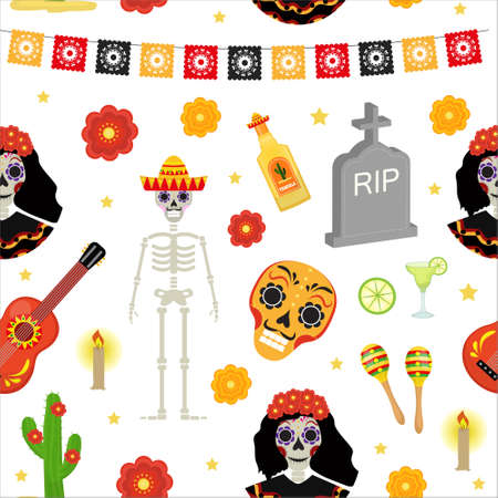 Day of the dead holiday in Mexico seamless pattern with sugar skulls. Skeleton endless background. Dia de Muertos repeating texture. Vector illustrationのイラスト素材