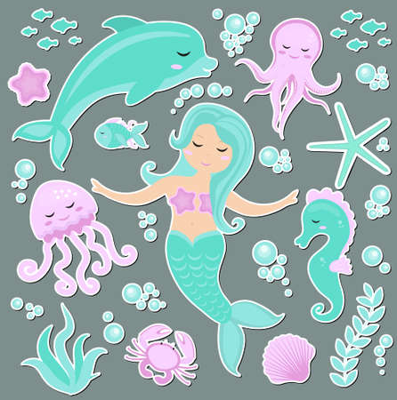 Cute trendy set of stickers emoji, patches badges Little Mermaid and the underwater world. Fairytale princess mermaid and dolphin, octopus, fish, jellyfish. Vector illustrationのイラスト素材