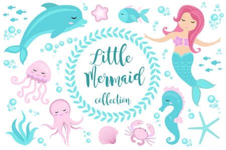 Cute set Little mermaid and underwater world. Fairytale princess mermaid and dolphin, octopus, seahorse, fish, jellyfish. Under water in the sea mythical marine collectionのイラスト素材