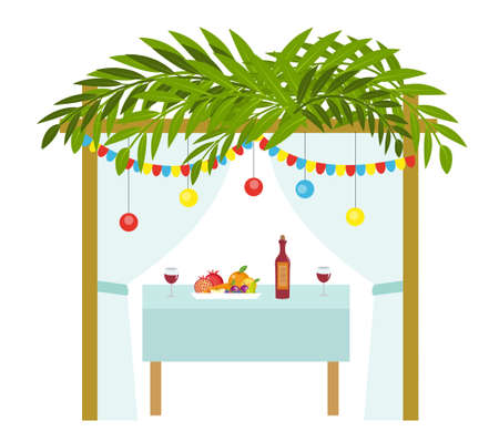 Sukkah for the Sukkot holiday. Jewish tent to celebrate. Isolated on white background. Vector illustrationのイラスト素材