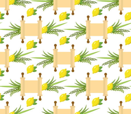 Happy Sukkot seamless pattern. Jewish holiday huts endless background. Repeating texture with etrog, lulav, Arava, Hadas. Vector illustrationのイラスト素材