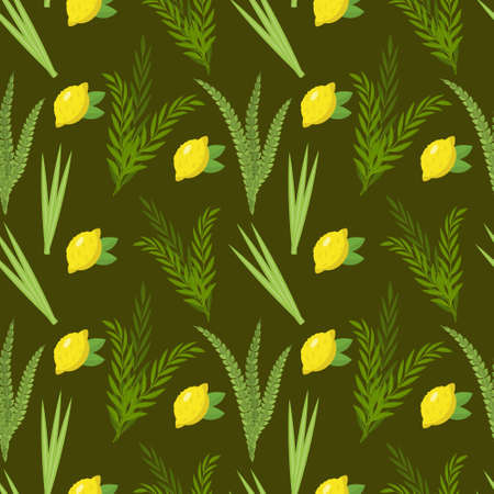 Happy Sukkot seamless pattern. Jewish holiday huts endless background. Repeating texture with etrog, lulav, Arava, Hadas. Vector illustrationのイラスト素材