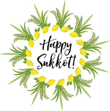 Happy Sukkot round frame of herbs. Jewish holiday huts template for greeting card with etrog, lulav, Arava, Hadas. Isolated on white background. Vector illustrationのイラスト素材