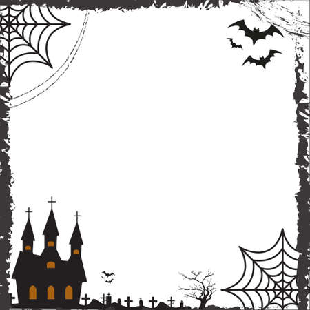 Halloween square frame for text with cobweb, bat, castle. Template for your design greeting cards, invitations, posters. Vector illustrationのイラスト素材