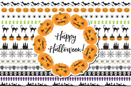 Halloween set of holiday borders decorations. Collection border of elements for your design. Isolated on white background. Vector illustrationのイラスト素材