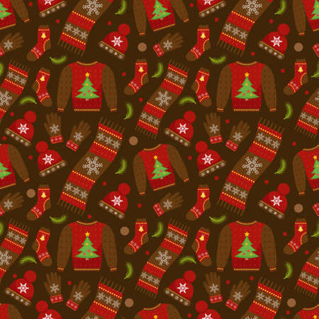 Winter apparel seamless pattern. Christmas clothes repeating texture. Warm clothing Infinite background. Sweater, gloves, hat, socks. Vector illustrationのイラスト素材