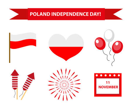 Poland Independence Day icon set, flat style. Collection of design elements with flag, heart, balloons, calendar, firework. Isolated on white background. Vector illustrationのイラスト素材