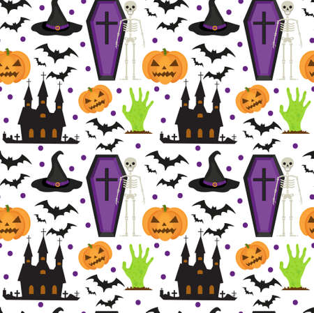 Halloween seamless pattern. Scary repeating texture with coffin, castle, pumpkin. Endless background. Vector illustration.のイラスト素材