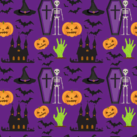 Halloween seamless pattern. Scary repeating texture with coffin, castle, pumpkin Vector illustrationのイラスト素材