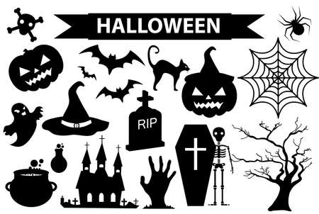 Happy Halloween icons set, black silhouette style. Isolated on white background. Halloween collection of design elements with pumpkin,  spider, zombie, skull, coffin, bat. Vector illustrationのイラスト素材