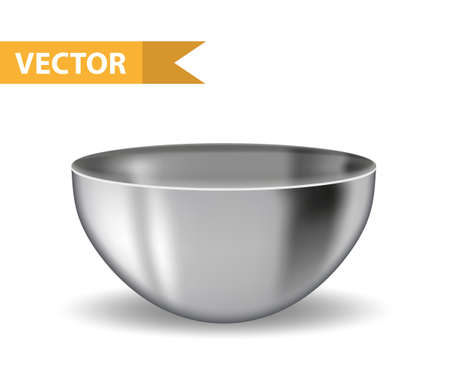 Realistic 3D steel bowl. Iron deep plate. Utensils for commercial and home kitchens. Isolated on white background. Vector illustrationのイラスト素材