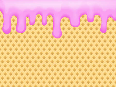 Sweet pink liquid streaks of yogurt splashes or cream on a waffle background. Vector illustrationのイラスト素材