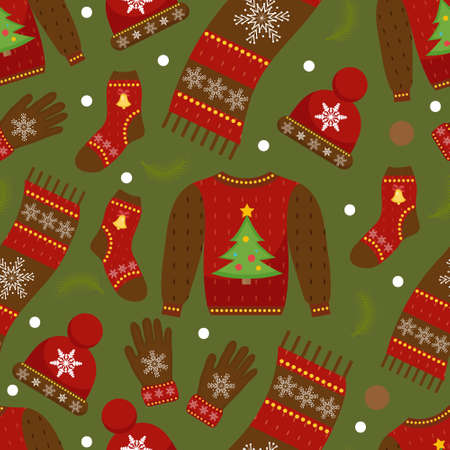 Winter apparel seamless pattern. Christmas clothes repeating texture. Warm clothing Infinite...