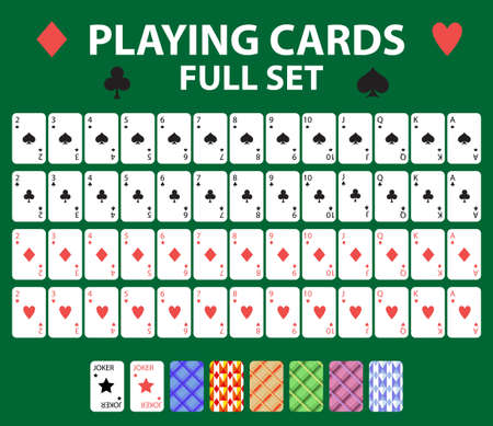 Playing cards full deck for poker, black jack. Collection with a joker and backs. Isolated on a green background. Vector illustrationのイラスト素材