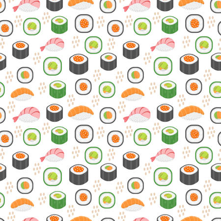 Sushi set seamless pattern. Rolls endless background. Japanese cuisine repetitive texture. Backdrop, wallpaper. Vector illustrationのイラスト素材