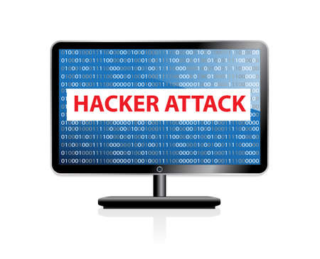 Computer hacking system icon. Monitor with binary code and hacker attack. Isolated on white background. Vector illustrationのイラスト素材
