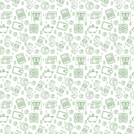 Money seamless pattern, line style. Finances endless background. Business, bank repeating texture with dollars, coins, coin box, calculator. Vector illustrationのイラスト素材