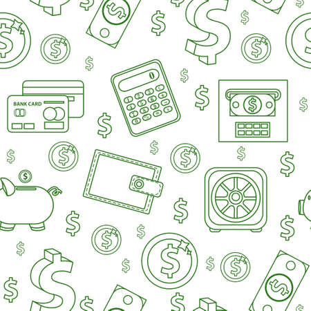Money seamless pattern, line style. Finances endless background. Business, bank repeating texture with dollars, coins, coin box, calculator. Vector illustrationのイラスト素材