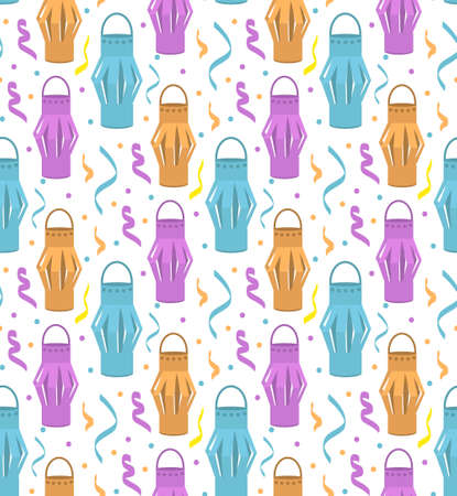 Paper lanterns seamless pattern. Festive decorations repetitive texture. Feast endless background. Vector illustrationのイラスト素材