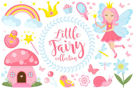 Little fairy set, cartoon style. Cute and mystical collection for girls with fairytale forest princess, magic wand, mushroom house, rainbow, mirror, birds, butterflies, flowers. Vector illustrationのイラスト素材