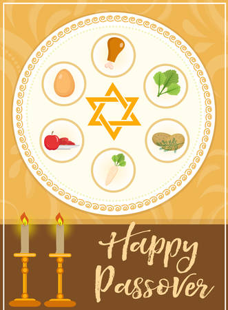 Passover poster, invitation, flyer, greeting card. Pesach template for your design with festive Seder table, kosher food, matzah, david star. Jewish holiday background. Vector illustrationのイラスト素材