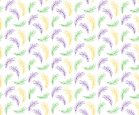 Mardi Gras seamless pattern with feathers purple, yellow, green color. Fat Tuesday repetitive texture. Carnival endless background. Vector illustrationの写真素材