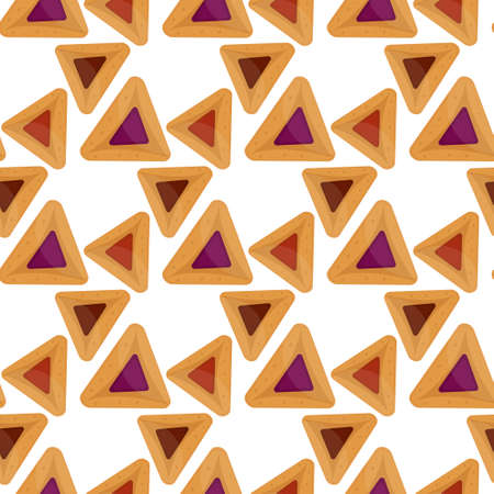 Purim hamantaschen seamless pattern. Jewish traditional dish on the holiday of Purim. endless background, texture, wallpaper. Vector illustrationのイラスト素材