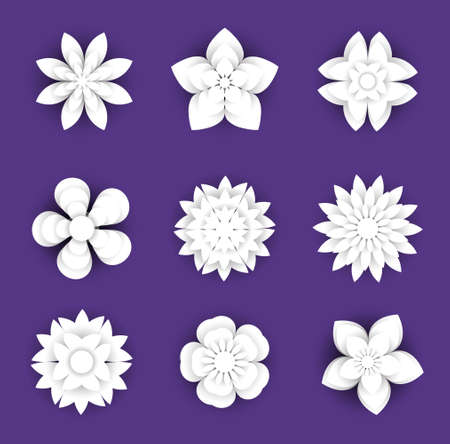 Flowers paper cut background set. Floral collection 3d style, papercut. Elements for your design. Carving or origami style. Vector illustrationのイラスト素材