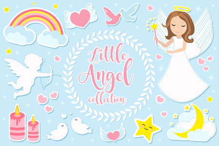 Little angel girl character set of objects. Collection of design element with angels, cupid, clouds, hearts, doves of peace. Kids baby clip art Valentine's Day kit. Vector illustrationのイラスト素材