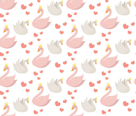 Swans cute seamless pattern. Modern princess swan repetitive texture. Holiday endless background, backdrop. Vector illustrationのイラスト素材