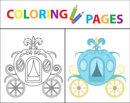 Coloring book page for kids. Cinderella carriage. Sketch outline and color version. Childrens education. Vector illustrationのイラスト素材