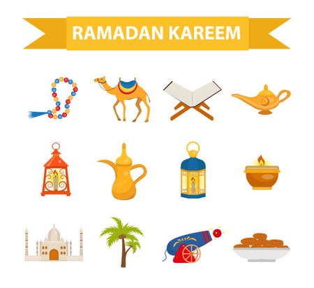 Ramadan kareem flat icon set, cartoon style. Collection of arabic design elements with camel, quran, lanterns, rosary, food, mosque. Vector illustrationのイラスト素材