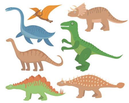 Dinosaurs flat icon set, cartoon style. Collection of objects with pterosaur, stegosaurus, triceratops, allosaurus, tyrannosaurus, apatosaurus, brontosaurus ankylosaurus plesiosaurus Vectorのイラスト素材
