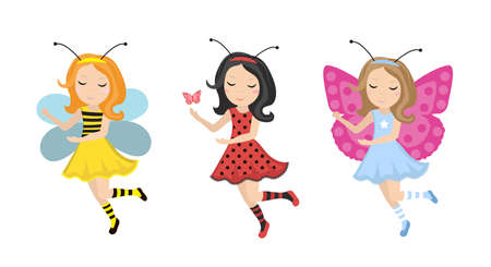 Cute little girl ladybug, bee, butterfly icon set in flat, cartoon style. Baby carnival costume bee. Isolated on white background. Vector illustrationのイラスト素材