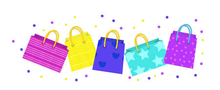 Cute shopping bag banner. Colorful shopping bags with different design board. Gift package with space for text. Vector Illustration.のイラスト素材