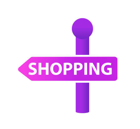 Signpost with the inscription shopping icon, flat design. Road sign, arrow shopping isolated on white background. Vector illustration, clip art.のイラスト素材