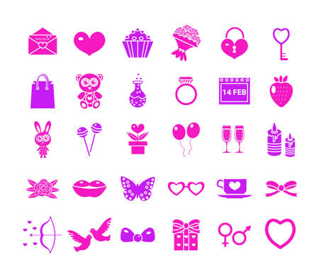 Valentines Day icon set, neon silhouette style. Love, romance, wedding collection signs, symbols, isolated on white background. Vector illustration.のイラスト素材