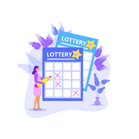 Leading girl notes numbers lottery, lotto, raffle, keno. Modern illustration flat style. A woman with a pencil writes on a ticket. Vector illustration.のイラスト素材