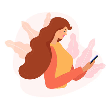 Woman looking at the phone and checking social networks. Virtual communication. Girl reads SMS chat....