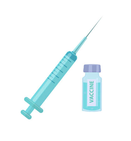 Vaccination protection against virus and disease. Syringe and glass jar with a vaccine, medicine concept icon flat style. Isolated on a white background. Vector illustration.のイラスト素材