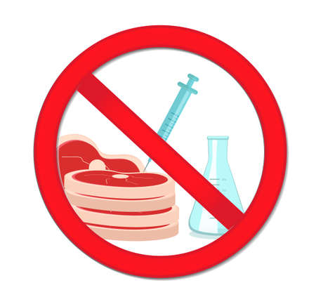 Prohibited meat with genetic manipulation, synthetic meat. Red stop sign, artificial meat product. Vector illustration.のイラスト素材