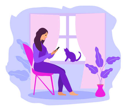 Work at home, freelance. Girl works on a smartphone near the window. A young woman sits on a chair in the house, a cat at the window. Vector illustration.のイラスト素材