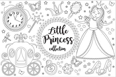 Cute little princess Cinderella set Coloring book page for kids. Collection of design element sketch outline style. Kids baby clip art funny smiling kit. Vector illustration.のイラスト素材