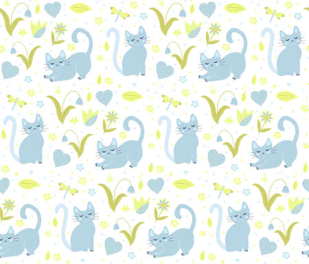 Cute cats seamless pattern. Kittens endless background, repeating texture. Vector illustration.のイラスト素材