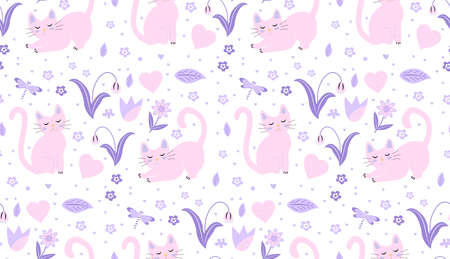 Cute cats seamless pattern. Kittens endless background, repeating texture. Vector illustration.のイラスト素材