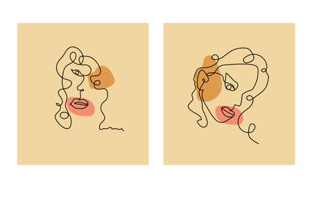 Girls Faces in line art modern trendy style. Abstract woman face one line. Vector illustration.のイラスト素材