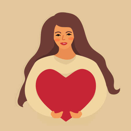Love yourself, girl hugs heart. Narcissistic, self-confident people, increase self-esteem. Valentines day, in love. Vector illustration.のイラスト素材